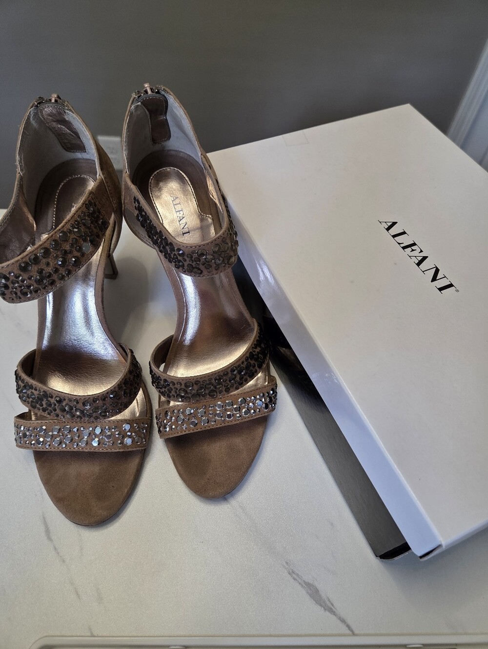 Alfani Truffle Suede Crystal-Strap High Heels